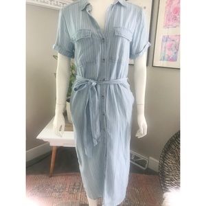 Chambray Stripe Denim Tie Waist Button-Up Midi Dress | Sz. M| 100% Tencel Cotton